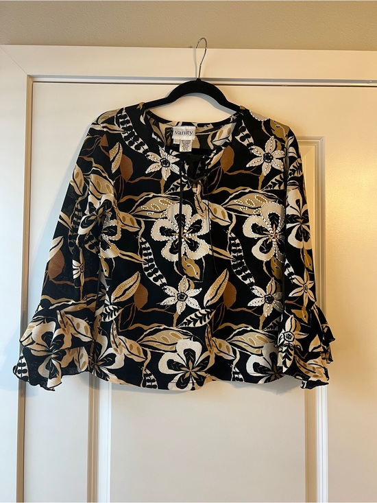 Vanity Tops - Vanity Black Floral Ruffle Sleeve Blouse with Gold Accents